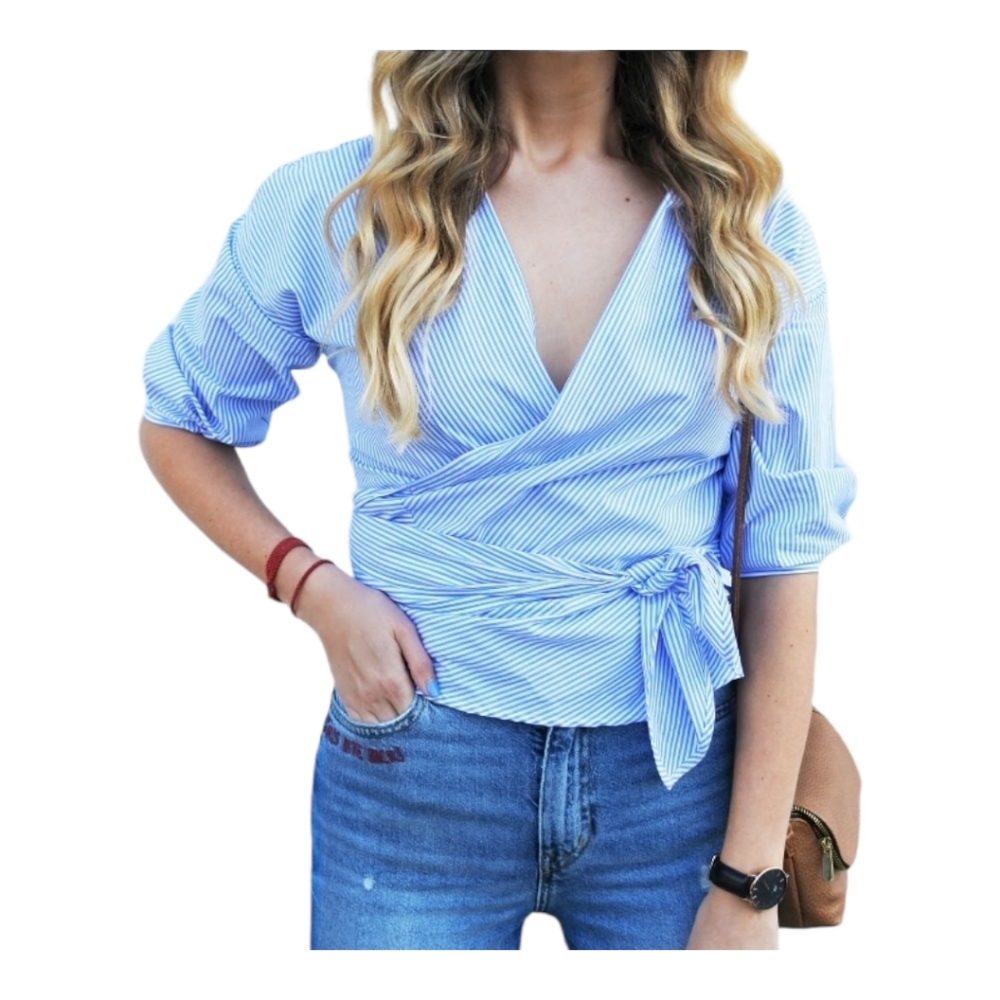 H&M cross wrap top blue stripes on  white